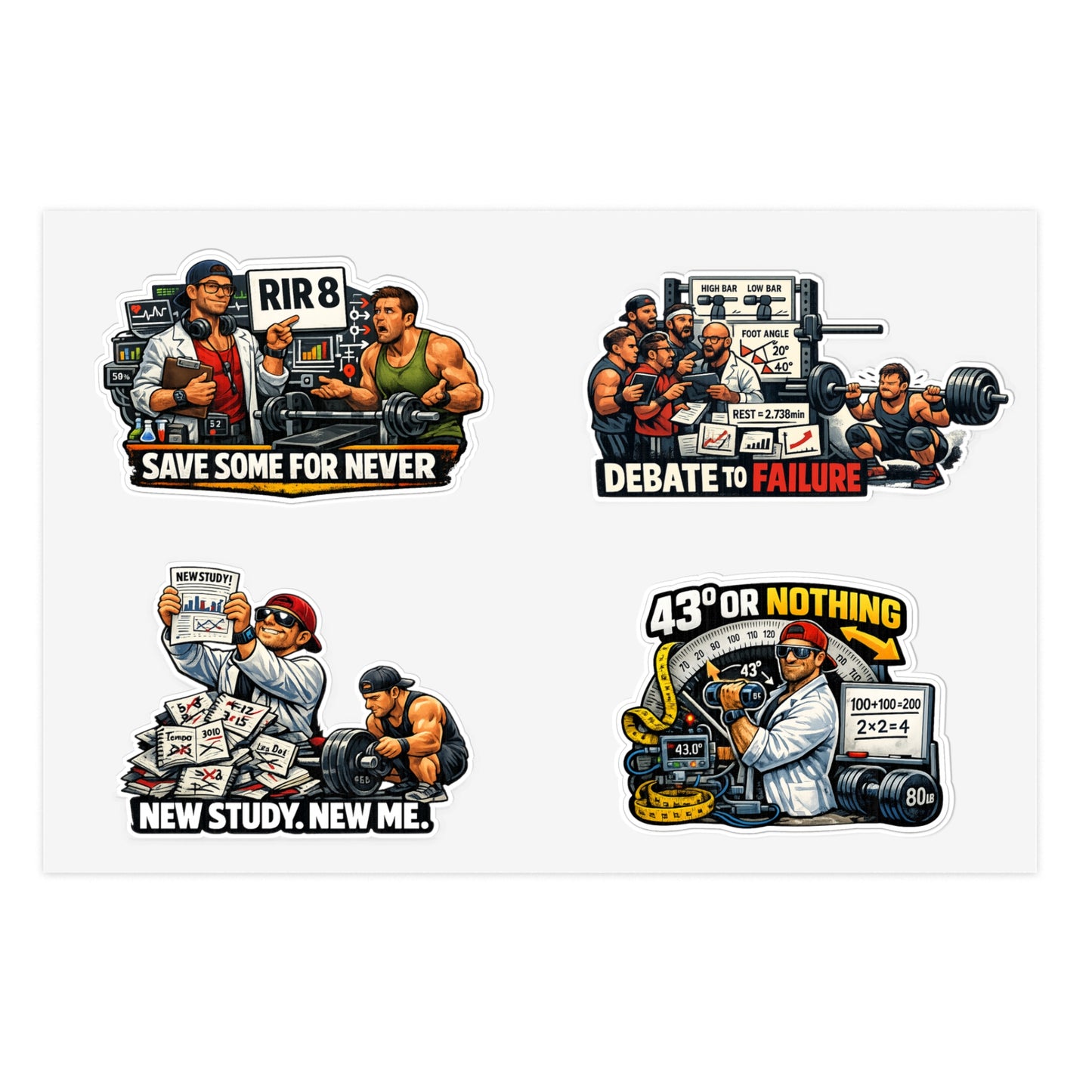 Bro Scientists Sticker Sheet #1 By Swoly Ghost  — 'Save Some For Never', 'Debate to Failure', 'New Study, New Me', '43 or Nothing'