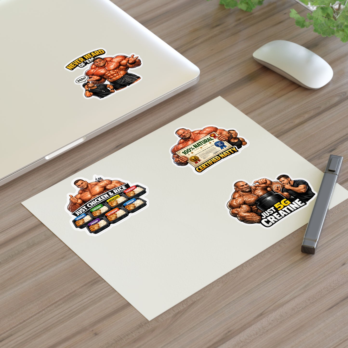 Fake Natties Sticker Sheet By Swoly Ghost— Funny Gym Muscle Memes ('Just Chicken & Rice', 'Certified Natty', 'Just 5G Creatine')