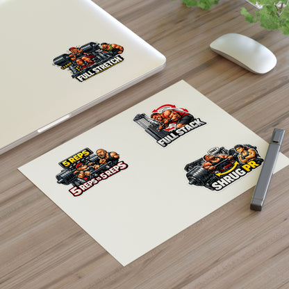 Ego Lifters Sticker Sheet #2 By Swoly Ghost— Weightlifting Quotes: “5 REPS is 5 REPS”, “FULL STACK”, “FULL STRETCH”, “SHRUG PR”