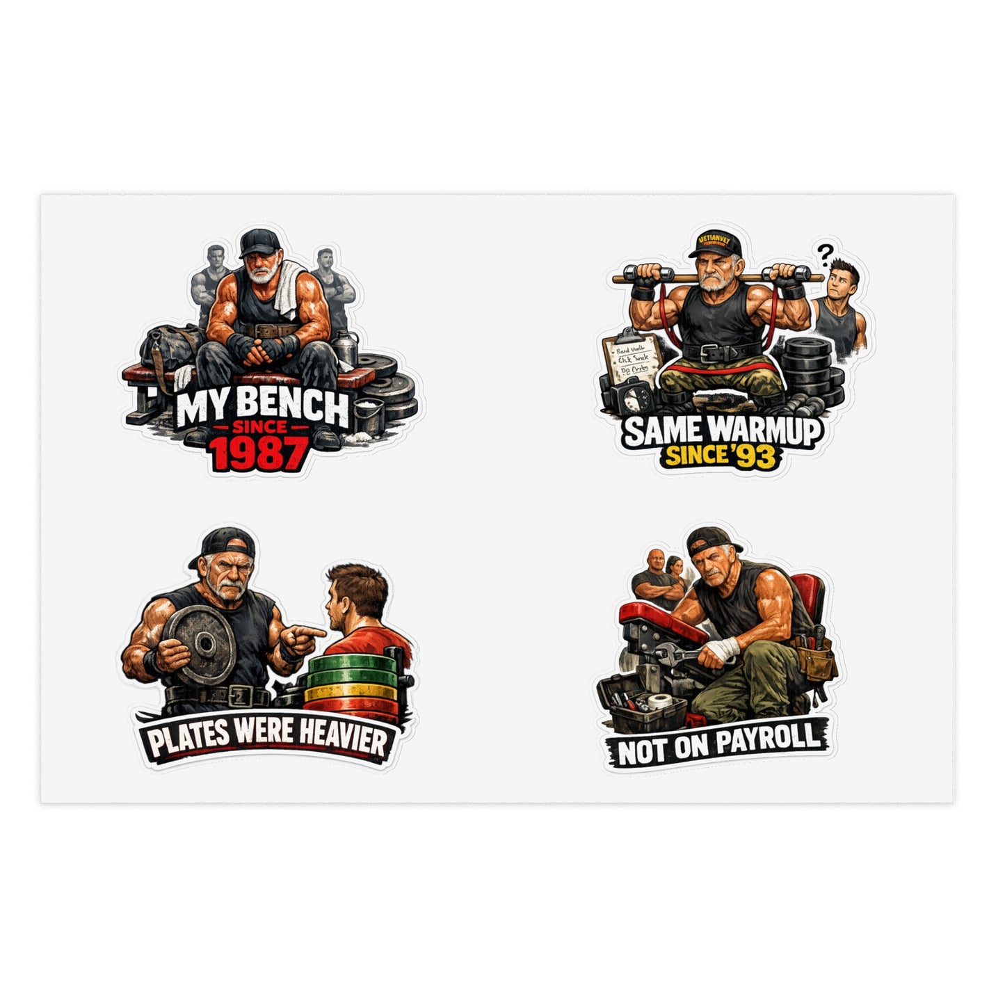 Gym Veterans Sticker Sheet #1 By Swoly Ghost — "My Bench Since 1987" Vet Weightlifting Stickers