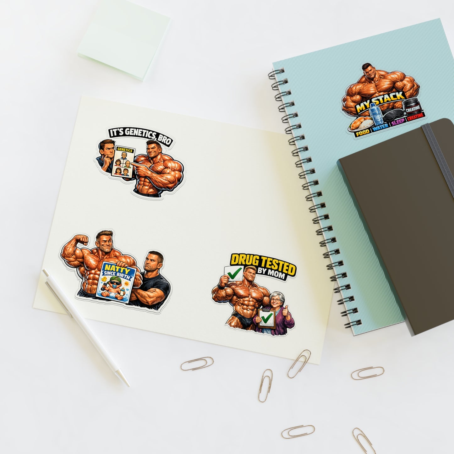 Fake Natties Sticker Sheet #2 By Swoly Ghost — 'It's Genetics, Bro' & 'Drug Tested by Mom' Gym Decals