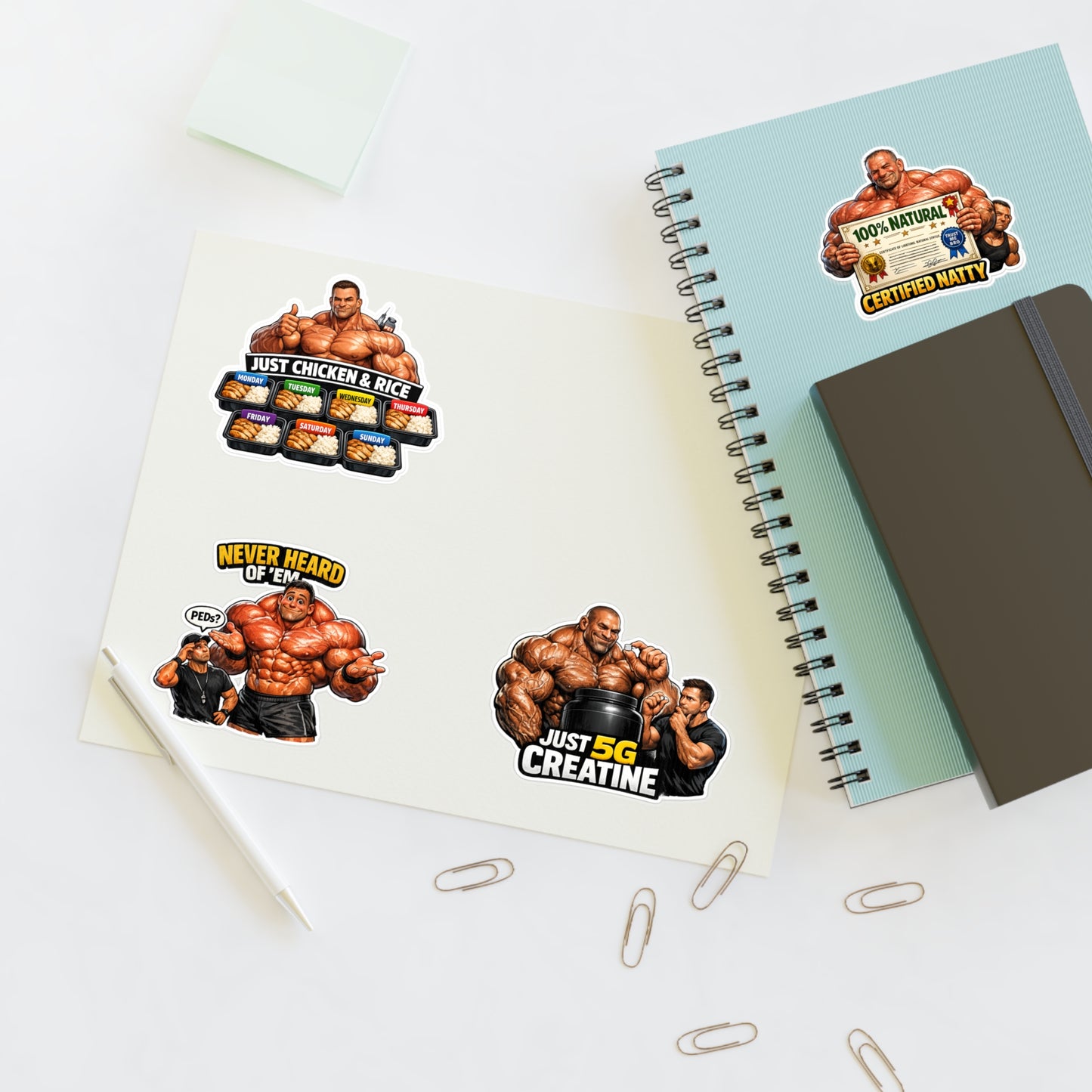Fake Natties Sticker Sheet By Swoly Ghost— Funny Gym Muscle Memes ('Just Chicken & Rice', 'Certified Natty', 'Just 5G Creatine')