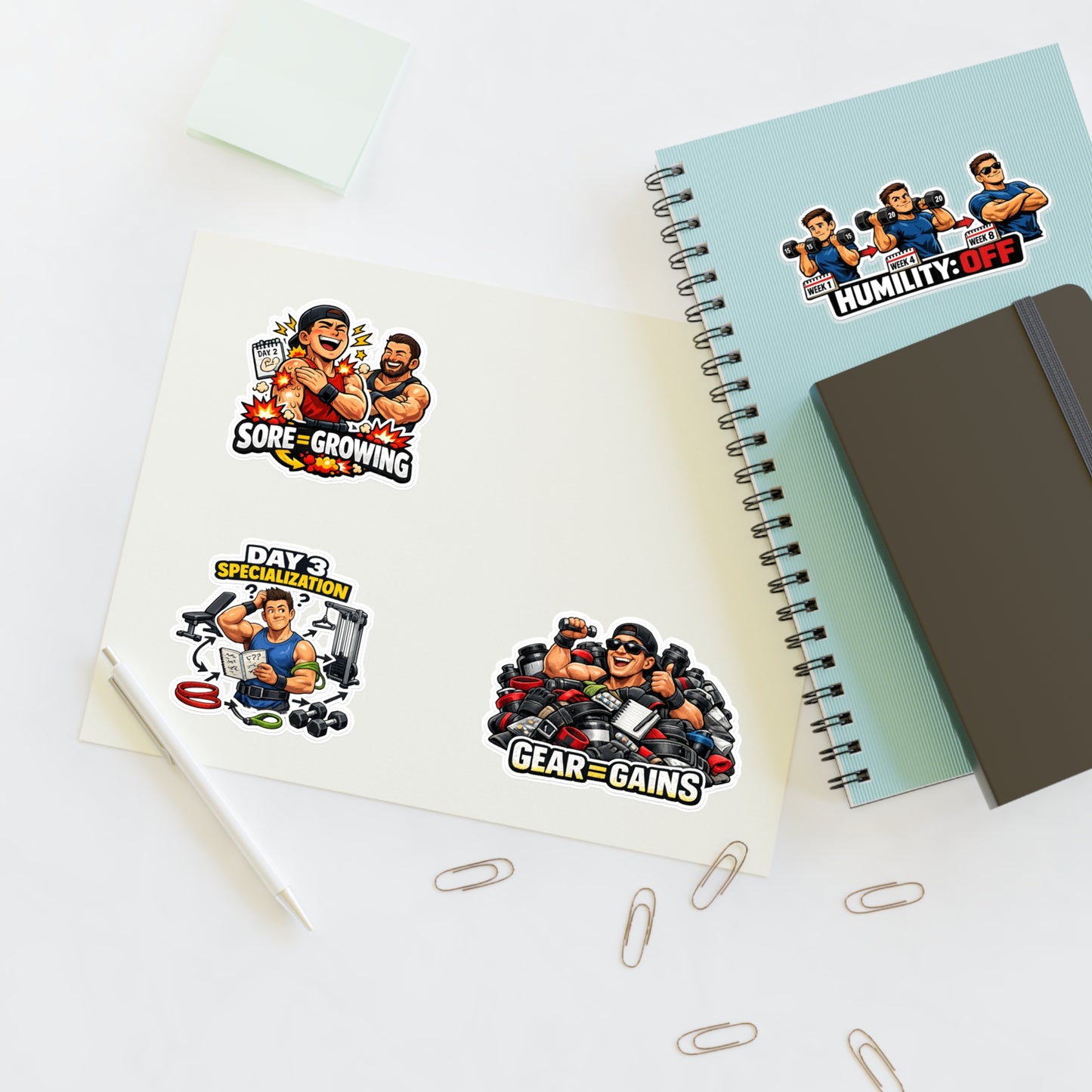 Beginner Gains & Newbie Energy Sticker Sheet #1 By Swoly Ghost — 'Sore = Growing', 'Humility: OFF', 'Day 3 Specialization', 'Gear = Gains'