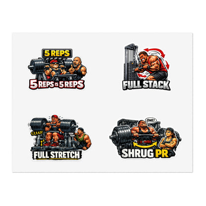 Ego Lifters Sticker Sheet #2 By Swoly Ghost— Weightlifting Quotes: “5 REPS is 5 REPS”, “FULL STACK”, “FULL STRETCH”, “SHRUG PR”