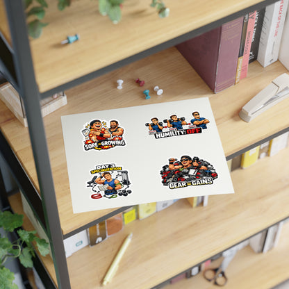 Beginner Gains & Newbie Energy Sticker Sheet #1 By Swoly Ghost — 'Sore = Growing', 'Humility: OFF', 'Day 3 Specialization', 'Gear = Gains'