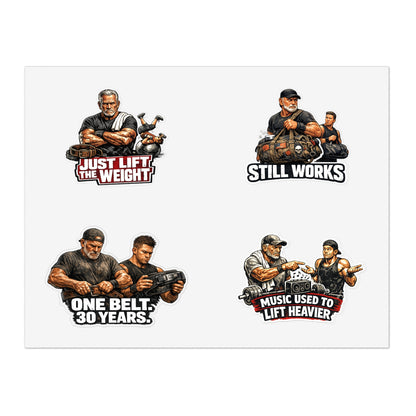 Gym Veterans Sticker Sheet #2 By Swoly Ghost — "Just Lift the Weight", "Still Works", "One Belt: 30 Years", "Music Used to Lift Heavier"