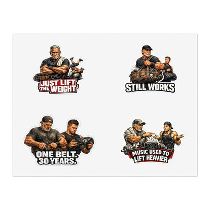 Gym Veterans Sticker Sheet #2 By Swoly Ghost — "Just Lift the Weight", "Still Works", "One Belt: 30 Years", "Music Used to Lift Heavier"