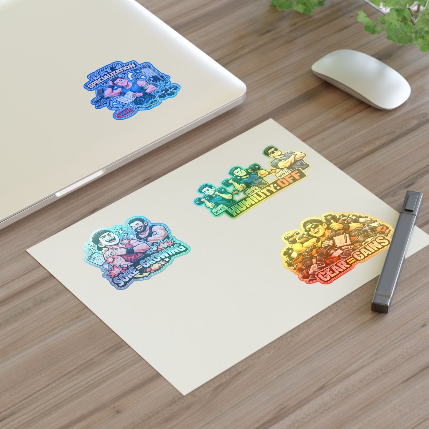 Beginner Gains & Newbie Energy Sticker Sheet #1 By Swoly Ghost — 'Sore = Growing', 'Humility: OFF', 'Day 3 Specialization', 'Gear = Gains'