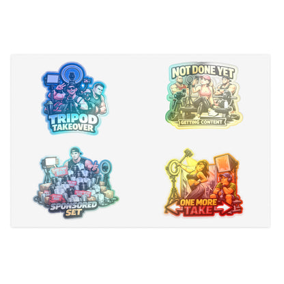 Influencer Energy Sticker Sheet #1 — 'Tripod Takeover', 'Not Done Yet', 'Sponsored Set', 'One More Take'