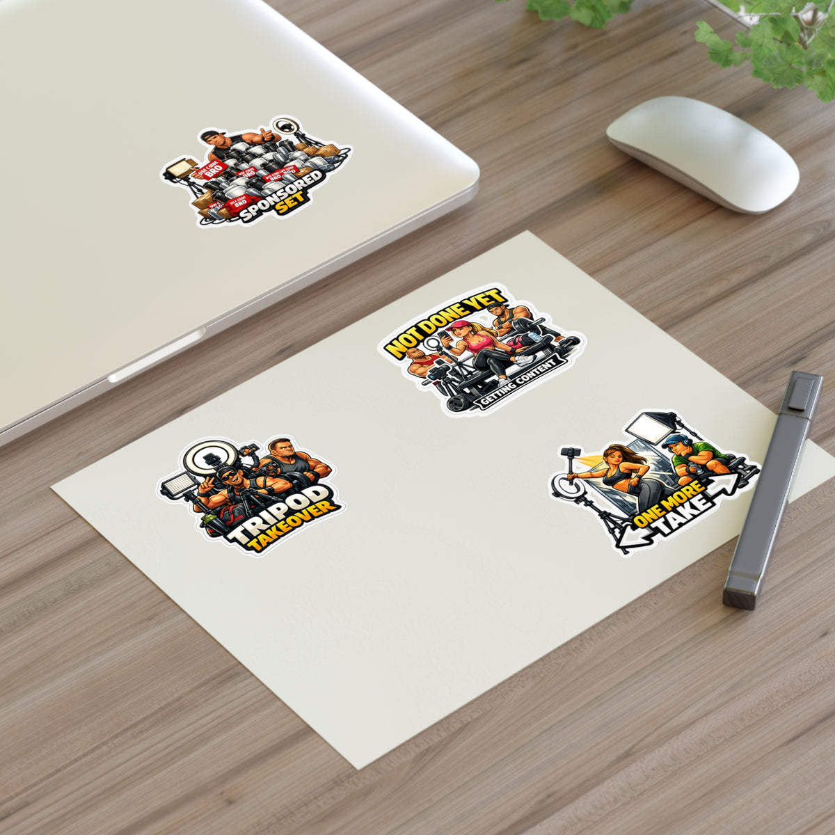 Influencer Energy Sticker Sheet #1 — 'Tripod Takeover', 'Not Done Yet', 'Sponsored Set', 'One More Take'