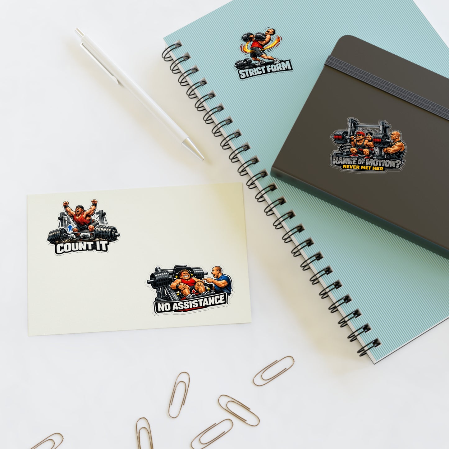 Ego Lifters Sticker Sheet #1 By Swoly Ghost — 'Count It', 'Strict Form', 'Range of Motion? Never Met Her', 'No Assistance'