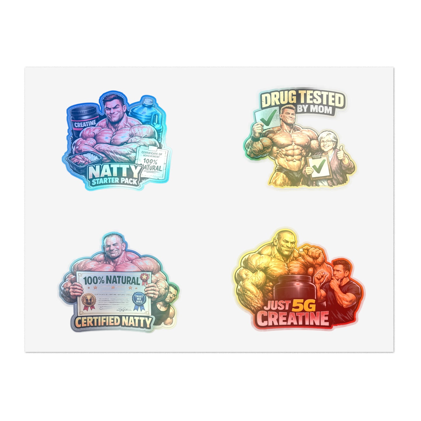 Fake Natties Sticker Sheet By Swoly Ghost — '100% Natural' & 'Just 5G Creatine' Gym Humor Stickers