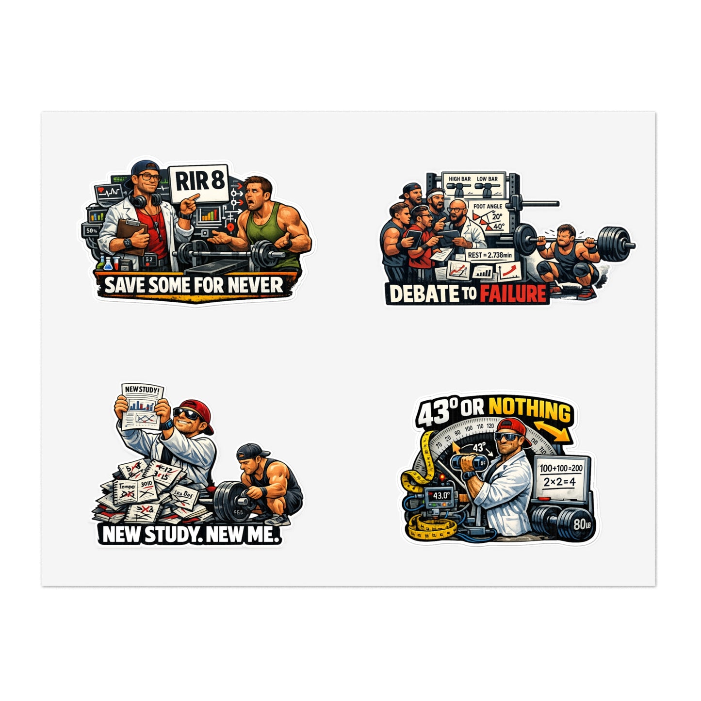 Bro Scientists Sticker Sheet #1 By Swoly Ghost  — 'Save Some For Never', 'Debate to Failure', 'New Study, New Me', '43 or Nothing'