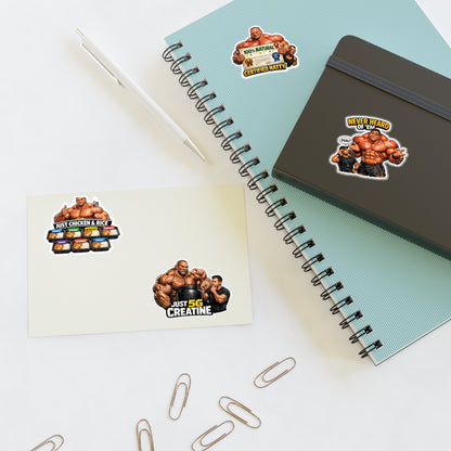 Fake Natties Sticker Sheet By Swoly Ghost— Funny Gym Muscle Memes ('Just Chicken & Rice', 'Certified Natty', 'Just 5G Creatine')