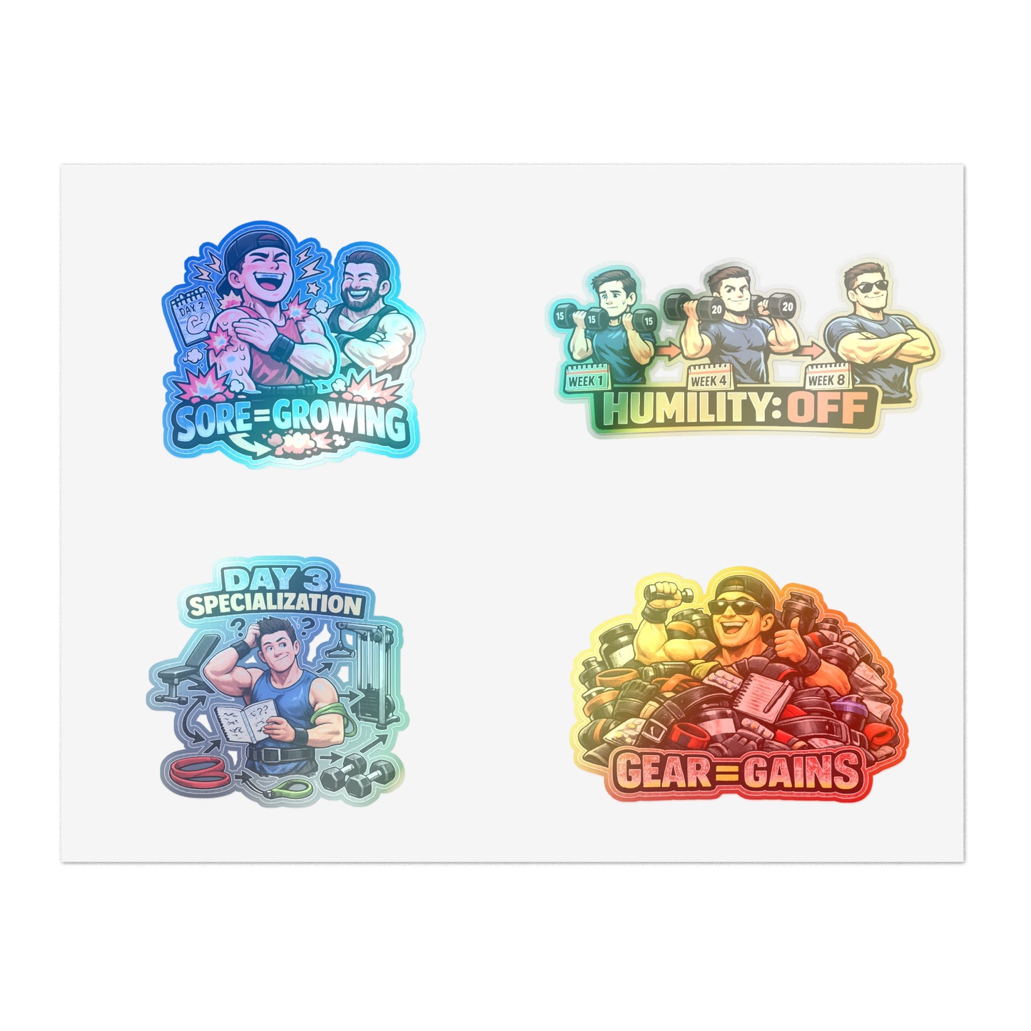 Beginner Gains & Newbie Energy Sticker Sheet #1 By Swoly Ghost — 'Sore = Growing', 'Humility: OFF', 'Day 3 Specialization', 'Gear = Gains'