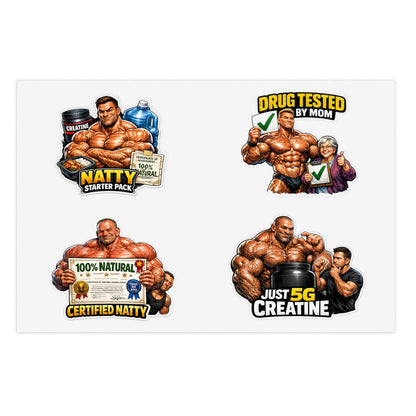 Fake Natties Sticker Sheet By Swoly Ghost — '100% Natural' & 'Just 5G Creatine' Gym Humor Stickers