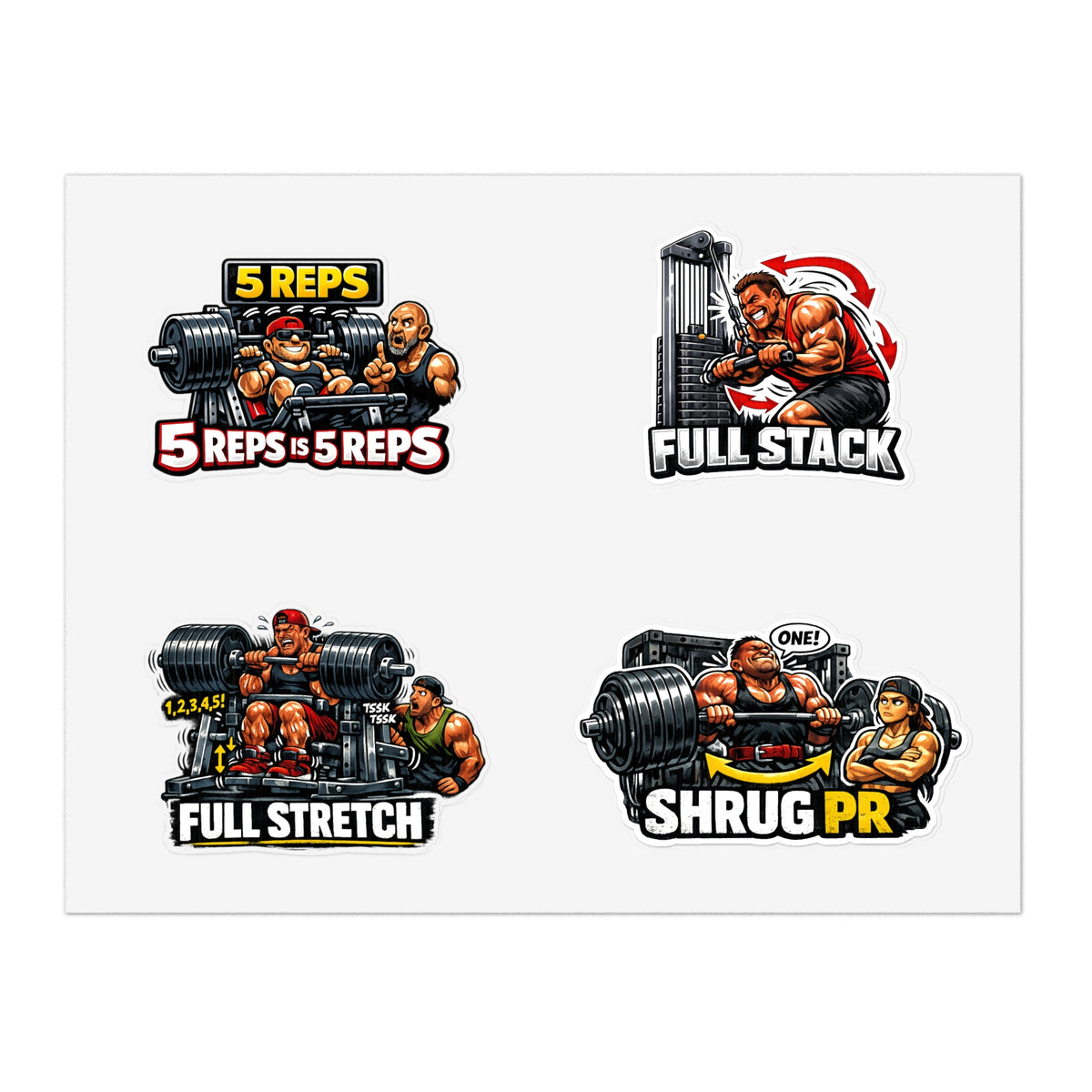 Ego Lifters Sticker Sheet #2 By Swoly Ghost— Weightlifting Quotes: “5 REPS is 5 REPS”, “FULL STACK”, “FULL STRETCH”, “SHRUG PR”