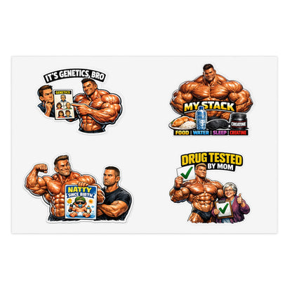 Fake Natties Sticker Sheet #2 By Swoly Ghost — 'It's Genetics, Bro' & 'Drug Tested by Mom' Gym Decals