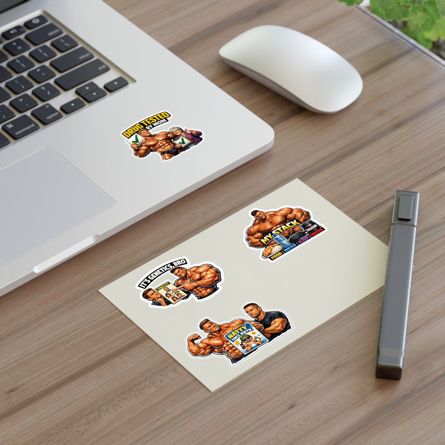 Fake Natties Sticker Sheet #2 By Swoly Ghost — 'It's Genetics, Bro' & 'Drug Tested by Mom' Gym Decals