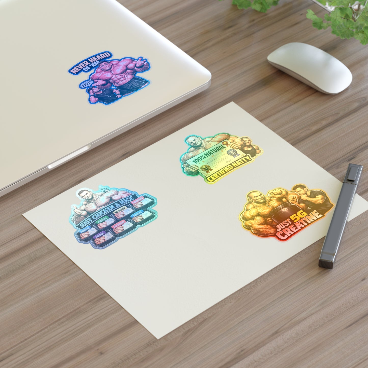 Fake Natties Sticker Sheet By Swoly Ghost— Funny Gym Muscle Memes ('Just Chicken & Rice', 'Certified Natty', 'Just 5G Creatine')