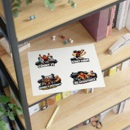 Ego Lifters Sticker Sheet #1 By Swoly Ghost — 'Count It', 'Strict Form', 'Range of Motion? Never Met Her', 'No Assistance'