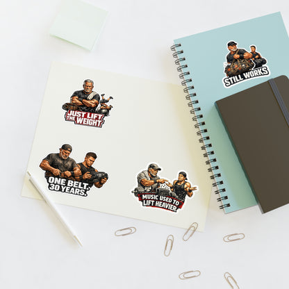 Gym Veterans Sticker Sheet #2 By Swoly Ghost — "Just Lift the Weight", "Still Works", "One Belt: 30 Years", "Music Used to Lift Heavier"
