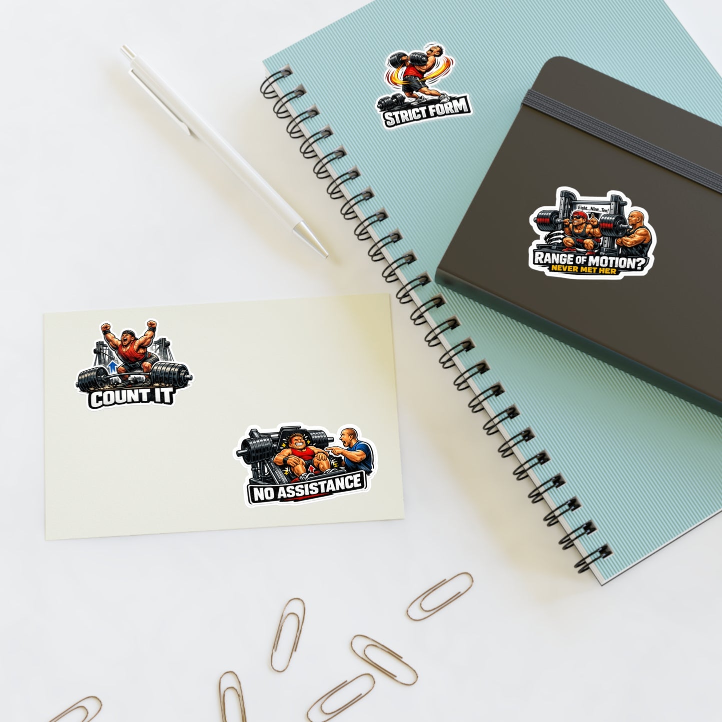 Ego Lifters Sticker Sheet #1 By Swoly Ghost — 'Count It', 'Strict Form', 'Range of Motion? Never Met Her', 'No Assistance'