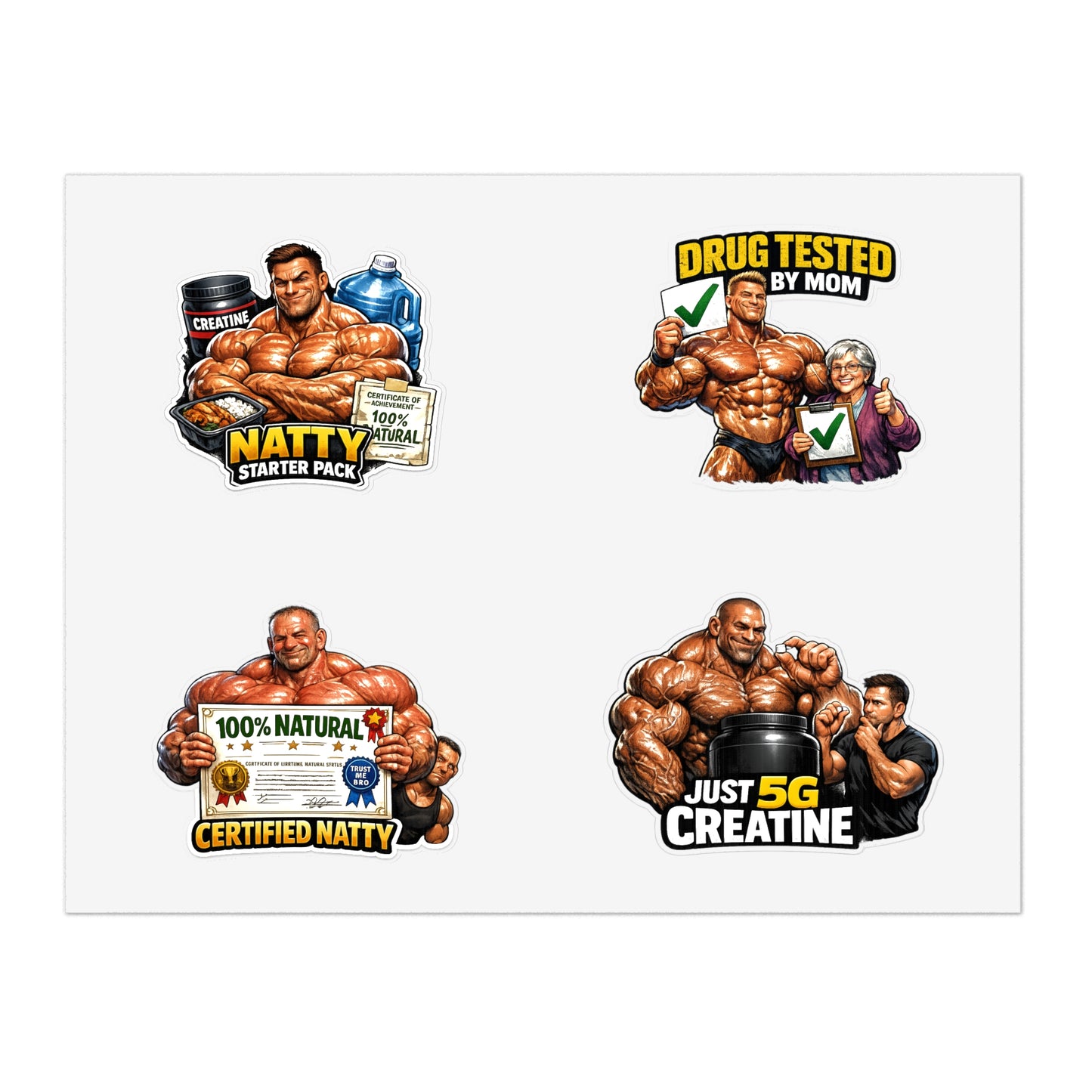 Fake Natties Sticker Sheet By Swoly Ghost — '100% Natural' & 'Just 5G Creatine' Gym Humor Stickers