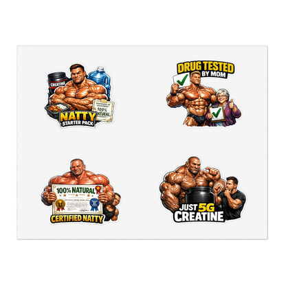 Fake Natties Sticker Sheet By Swoly Ghost — '100% Natural' & 'Just 5G Creatine' Gym Humor Stickers