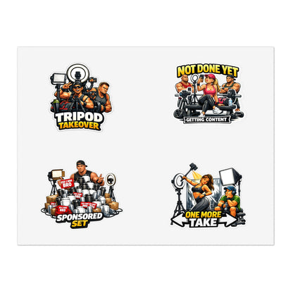 Influencer Energy Sticker Sheet #1 — 'Tripod Takeover', 'Not Done Yet', 'Sponsored Set', 'One More Take'