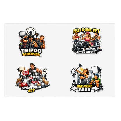 Influencer Energy Sticker Sheet #1 — 'Tripod Takeover', 'Not Done Yet', 'Sponsored Set', 'One More Take'