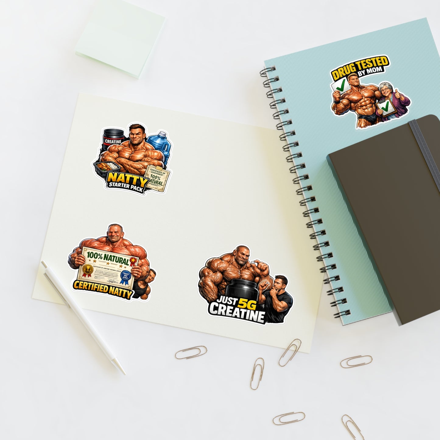 Fake Natties Sticker Sheet By Swoly Ghost — '100% Natural' & 'Just 5G Creatine' Gym Humor Stickers