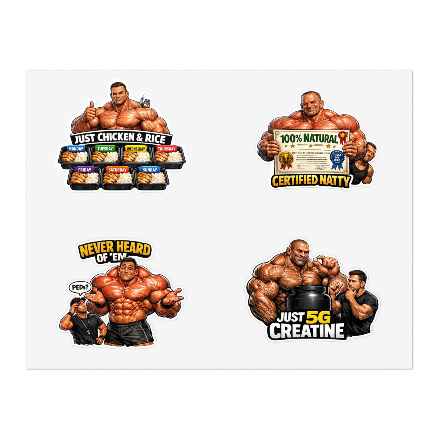 Fake Natties Sticker Sheet By Swoly Ghost— Funny Gym Muscle Memes ('Just Chicken & Rice', 'Certified Natty', 'Just 5G Creatine')