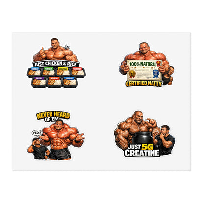 Fake Natties Sticker Sheet By Swoly Ghost— Funny Gym Muscle Memes ('Just Chicken & Rice', 'Certified Natty', 'Just 5G Creatine')