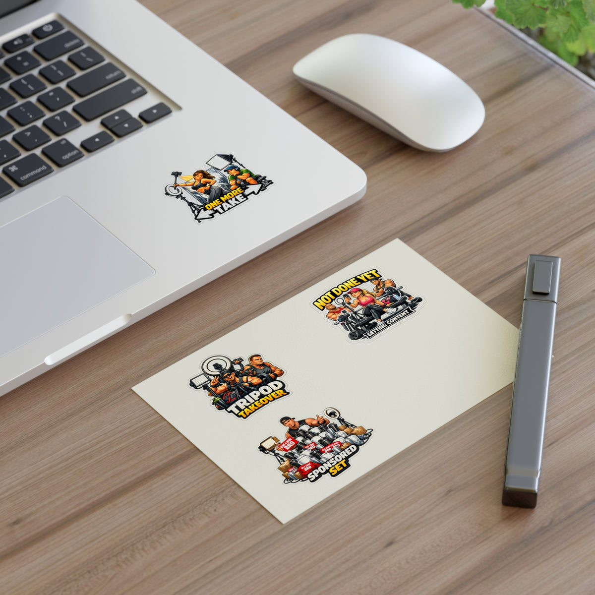 Influencer Energy Sticker Sheet #1 — 'Tripod Takeover', 'Not Done Yet', 'Sponsored Set', 'One More Take'