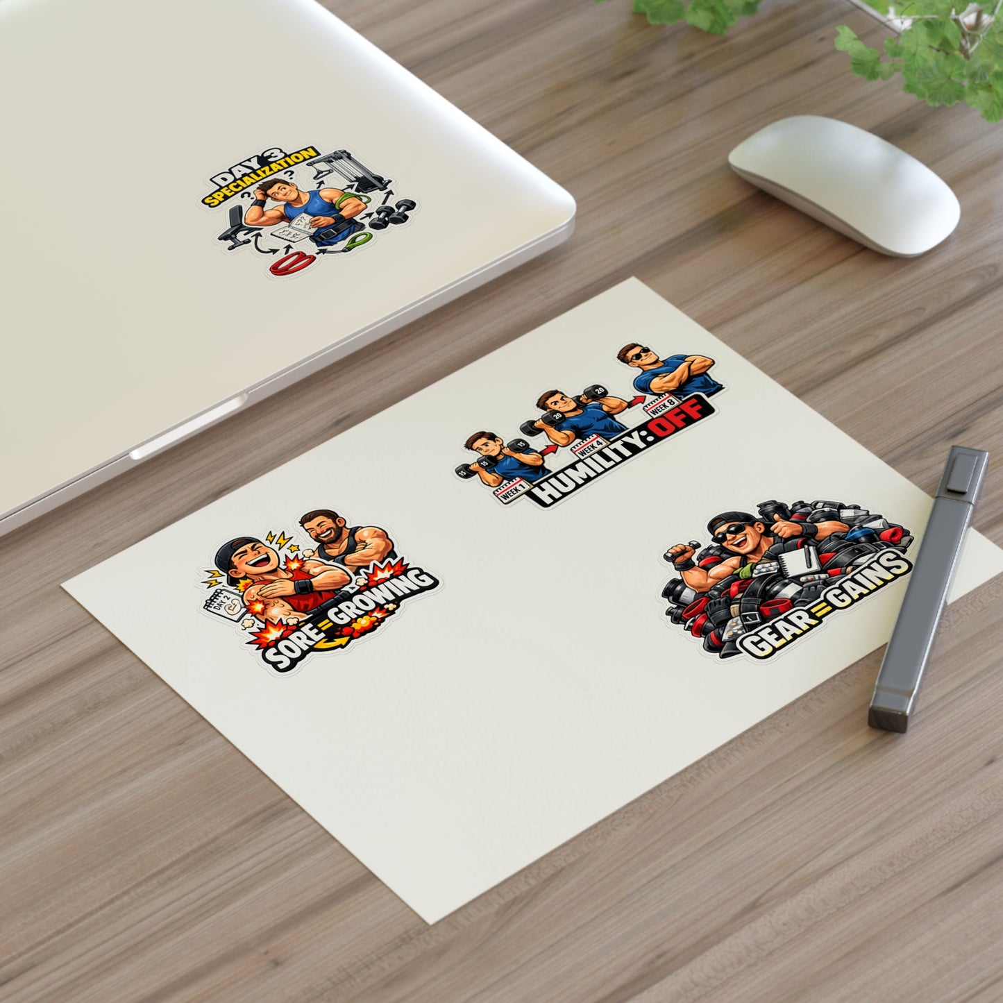 Beginner Gains & Newbie Energy Sticker Sheet #1 By Swoly Ghost — 'Sore = Growing', 'Humility: OFF', 'Day 3 Specialization', 'Gear = Gains'