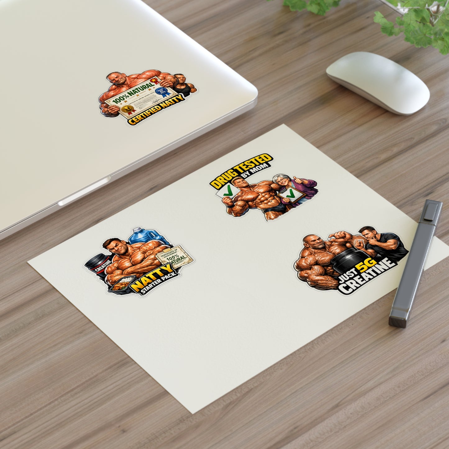 Fake Natties Sticker Sheet By Swoly Ghost — '100% Natural' & 'Just 5G Creatine' Gym Humor Stickers