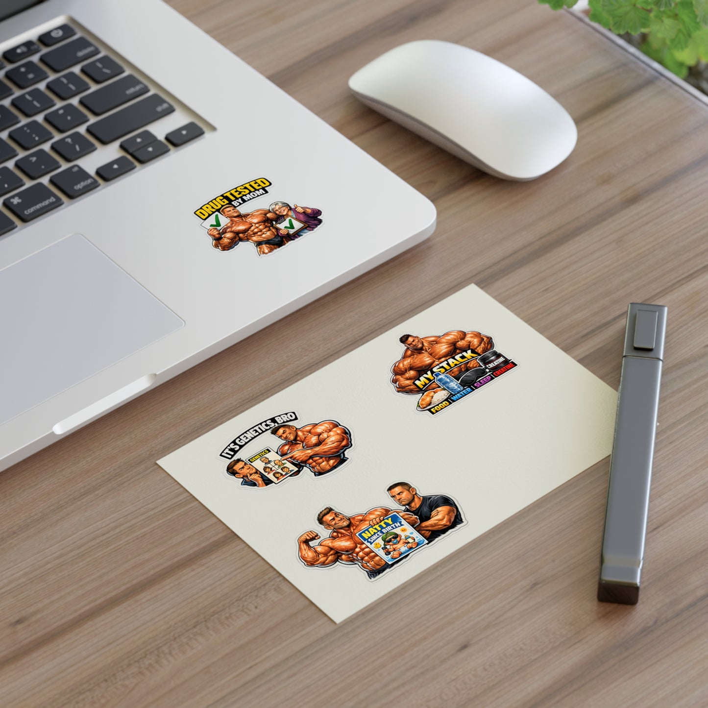 Fake Natties Sticker Sheet #2 By Swoly Ghost — 'It's Genetics, Bro' & 'Drug Tested by Mom' Gym Decals