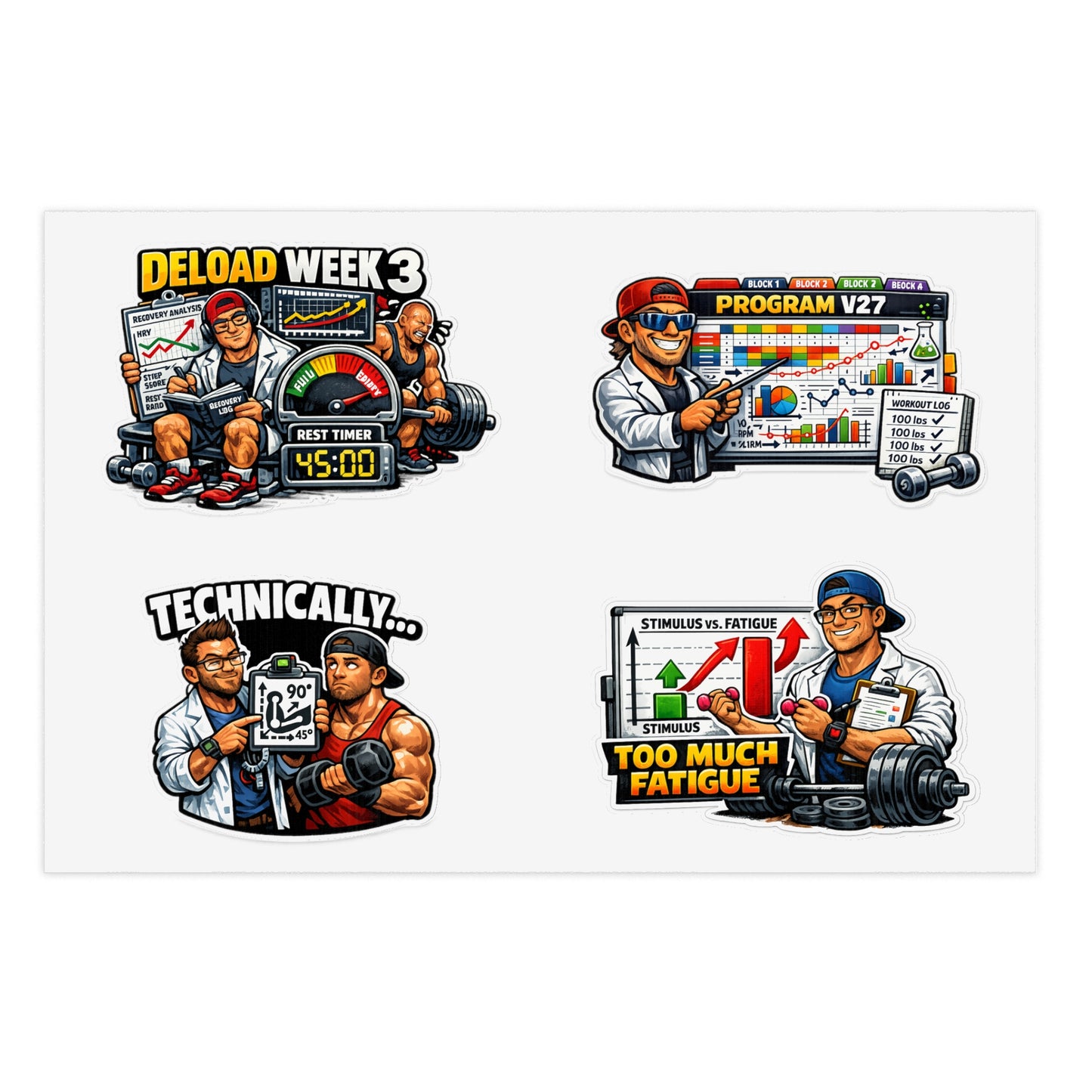 Bro Scientists Sticker Sheet #2 By Swoly Ghost — Workout Program, Deload Week & Training Humor