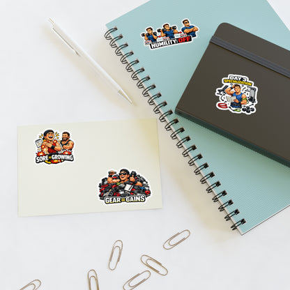 Beginner Gains & Newbie Energy Sticker Sheet #1 By Swoly Ghost — 'Sore = Growing', 'Humility: OFF', 'Day 3 Specialization', 'Gear = Gains'