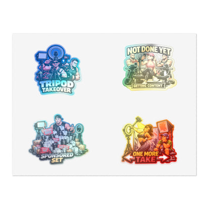 Influencer Energy Sticker Sheet #1 — 'Tripod Takeover', 'Not Done Yet', 'Sponsored Set', 'One More Take'