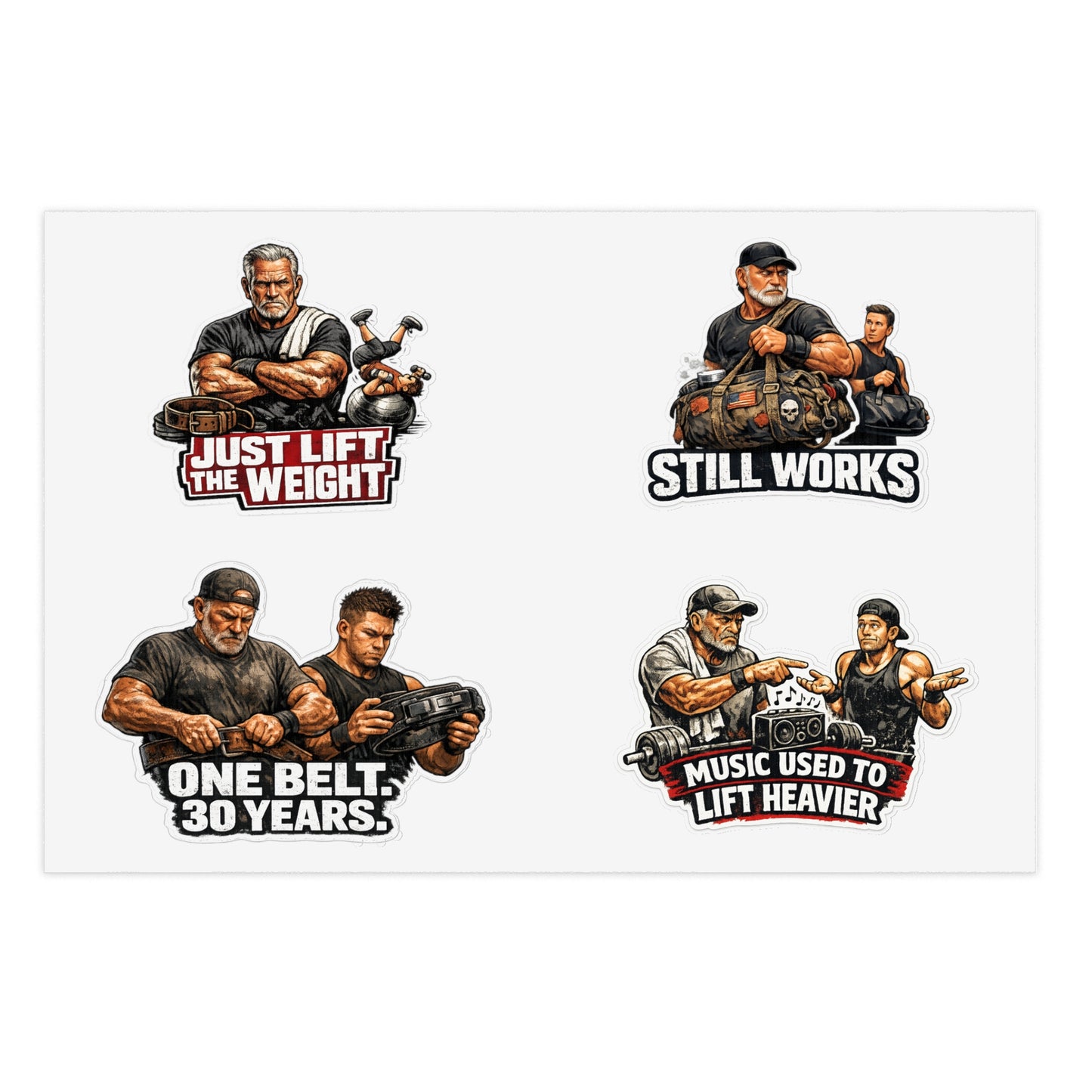Gym Veterans Sticker Sheet #2 By Swoly Ghost — "Just Lift the Weight", "Still Works", "One Belt: 30 Years", "Music Used to Lift Heavier"