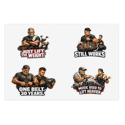 Gym Veterans Sticker Sheet #2 By Swoly Ghost — "Just Lift the Weight", "Still Works", "One Belt: 30 Years", "Music Used to Lift Heavier"