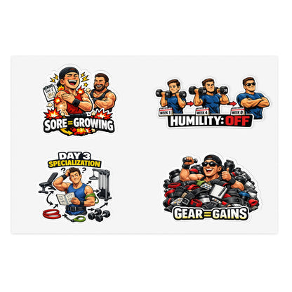Beginner Gains & Newbie Energy Sticker Sheet #1 By Swoly Ghost — 'Sore = Growing', 'Humility: OFF', 'Day 3 Specialization', 'Gear = Gains'