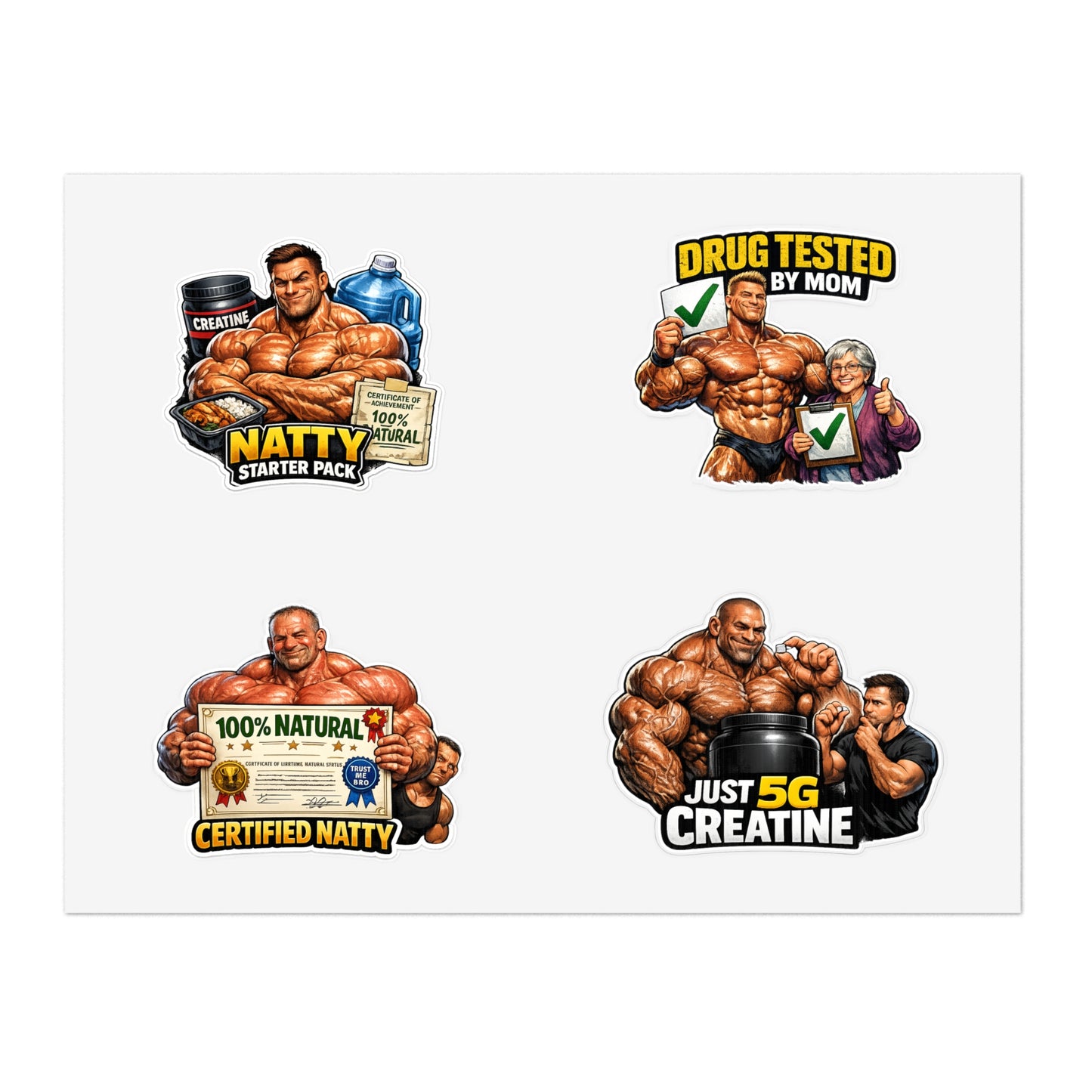 Fake Natties Sticker Sheet By Swoly Ghost — '100% Natural' & 'Just 5G Creatine' Gym Humor Stickers