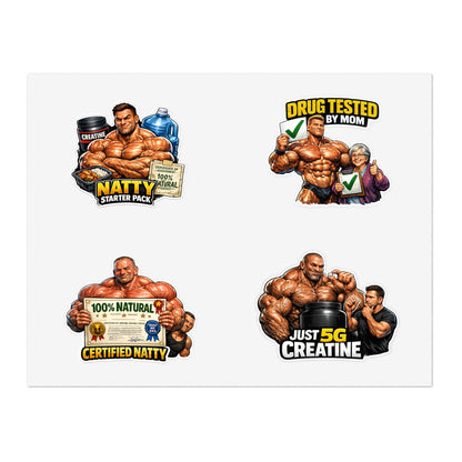 Fake Natties Sticker Sheet By Swoly Ghost — '100% Natural' & 'Just 5G Creatine' Gym Humor Stickers