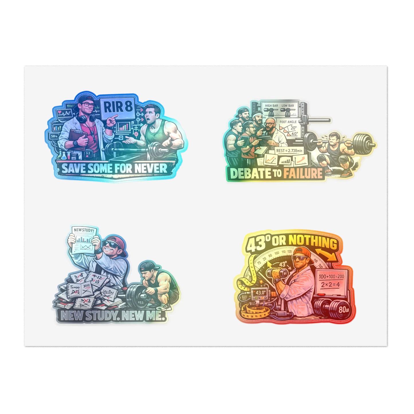 Bro Scientists Sticker Sheet #1 By Swoly Ghost  — 'Save Some For Never', 'Debate to Failure', 'New Study, New Me', '43 or Nothing'