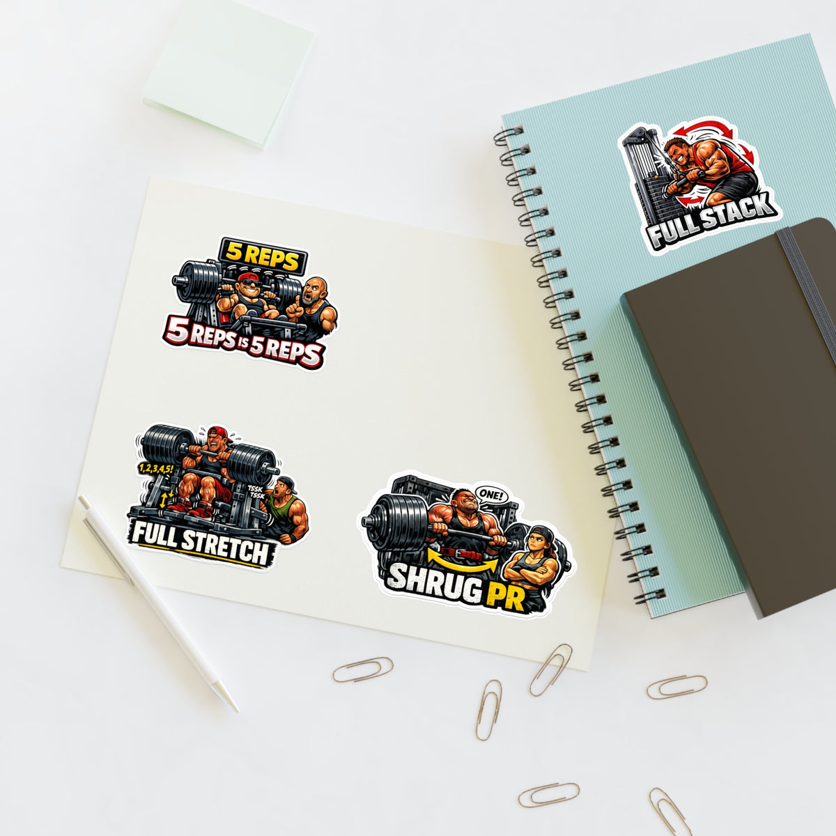 Ego Lifters Sticker Sheet #2 By Swoly Ghost— Weightlifting Quotes: “5 REPS is 5 REPS”, “FULL STACK”, “FULL STRETCH”, “SHRUG PR”