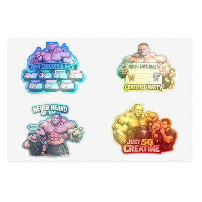 Fake Natties Sticker Sheet By Swoly Ghost— Funny Gym Muscle Memes ('Just Chicken & Rice', 'Certified Natty', 'Just 5G Creatine')