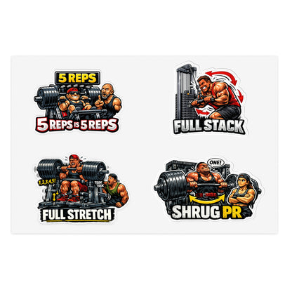 Ego Lifters Sticker Sheet #2 By Swoly Ghost— Weightlifting Quotes: “5 REPS is 5 REPS”, “FULL STACK”, “FULL STRETCH”, “SHRUG PR”